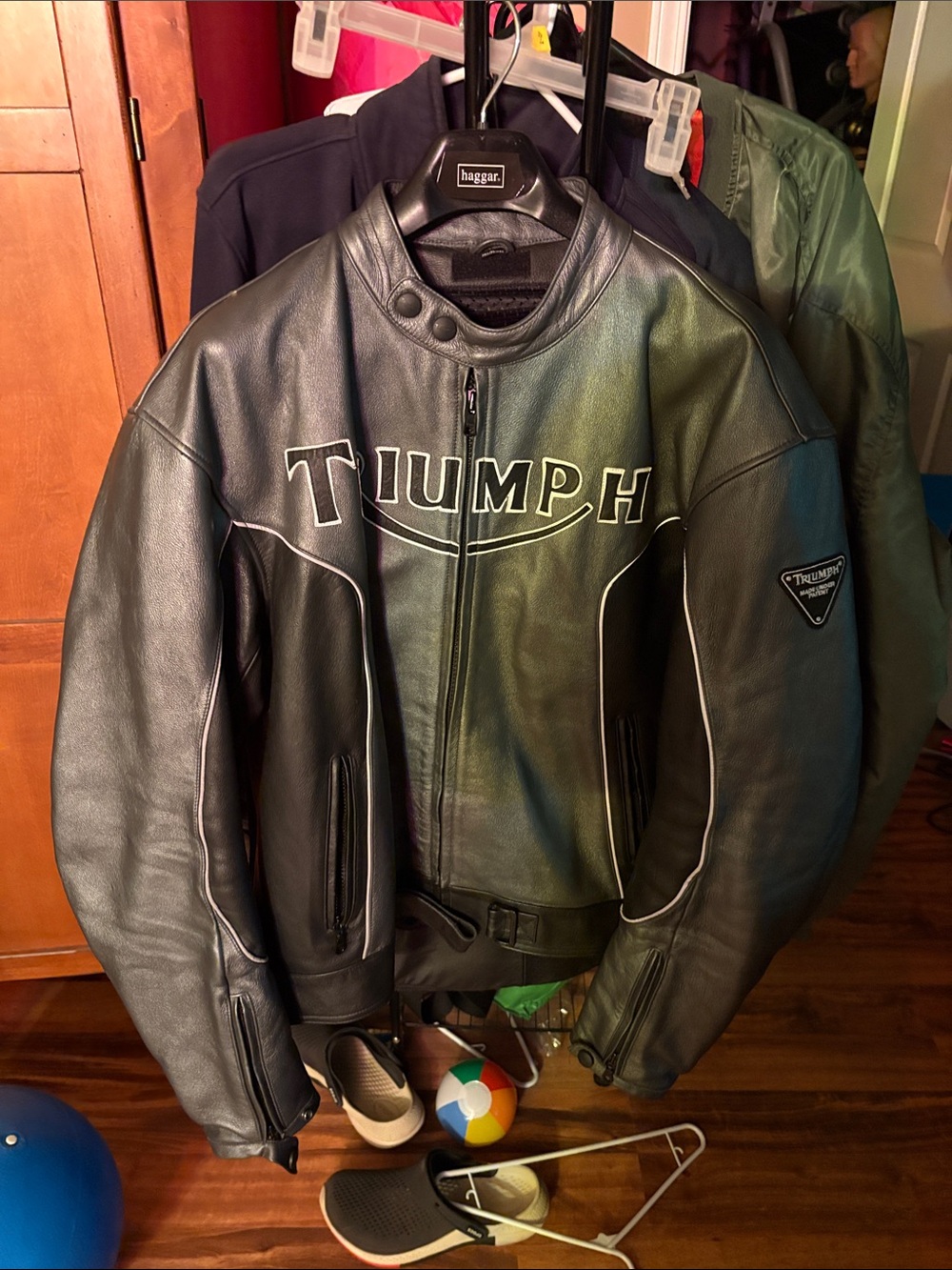 Triumph Black Leather Performance Motorcycle Jacket with White Piping